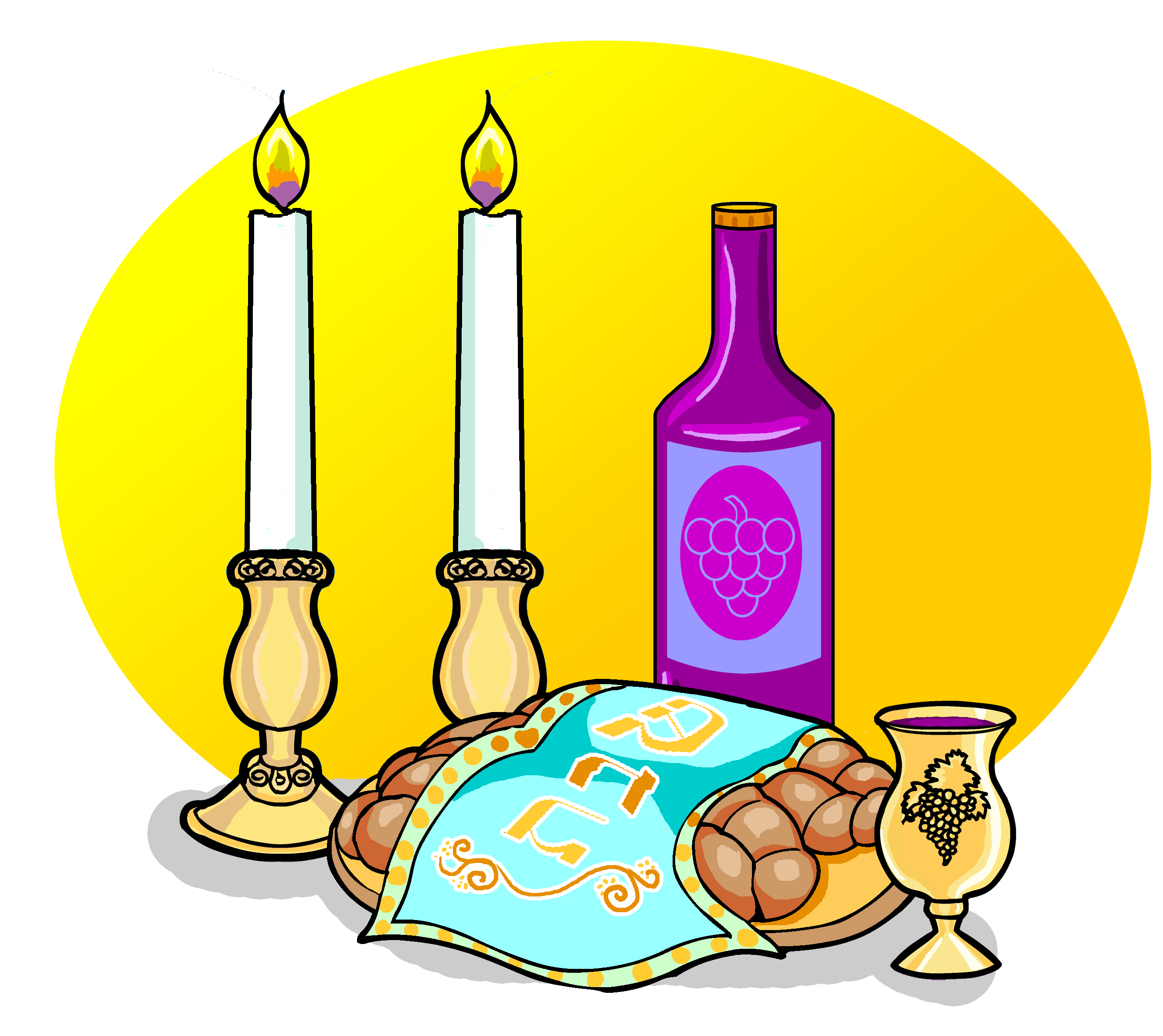 Shabbat challah, candles, wine, and kiddush cup